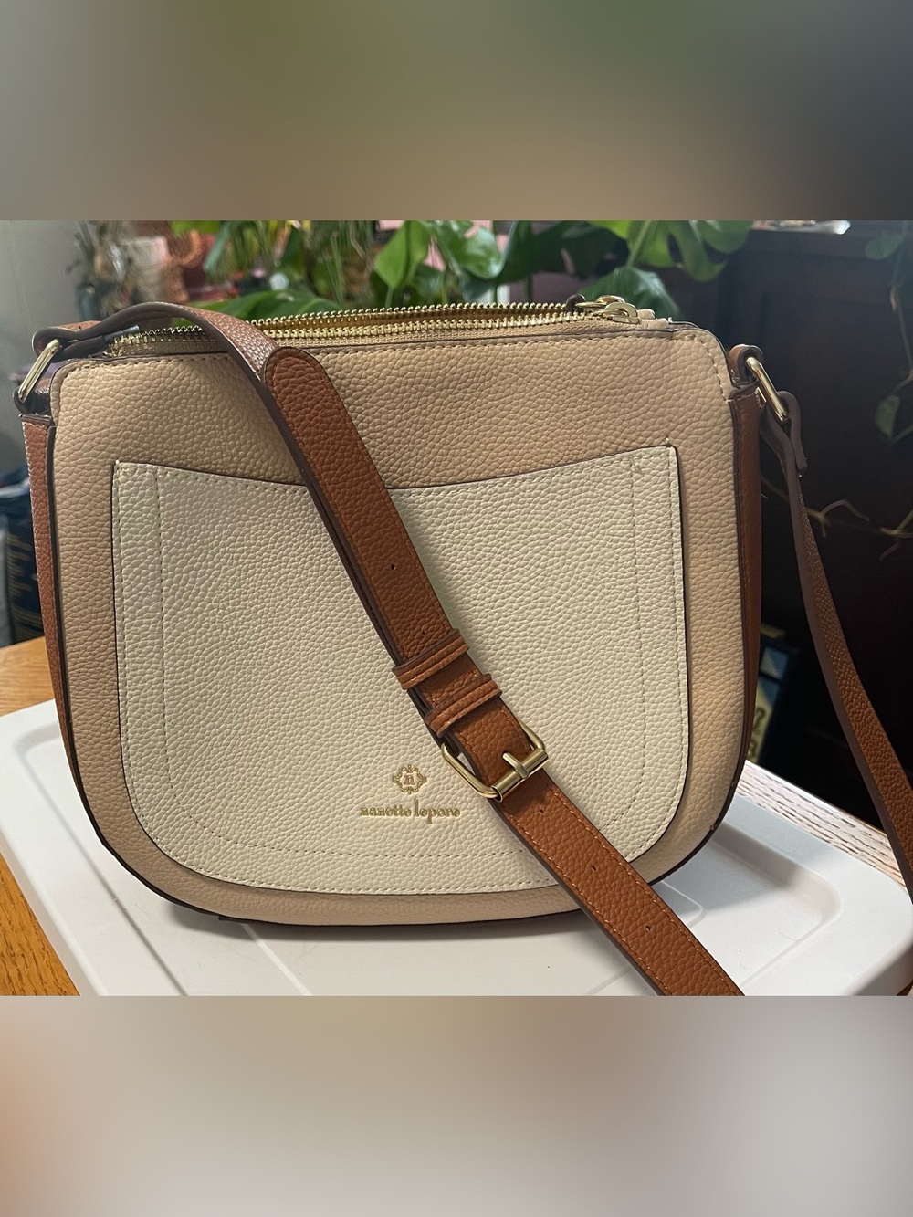 Nanette Lepore Cream and Brown Two-Tone Leather Crossbody